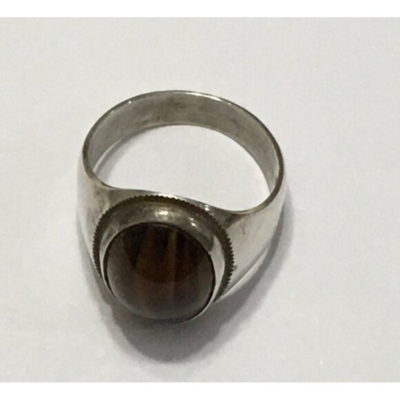 Vintage Sterling Silver Tiger’s  Eye Ring Oval Cabochon  Men Women Size 11 1/2 - Picture 2 of 4